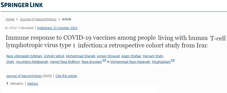انتشار مقاله جديد مرکز تحقيقات عفونتهاي منتقله از خون با موضوع اثربخشي واکسن کوويد در افراد HTLV-1 مثبت